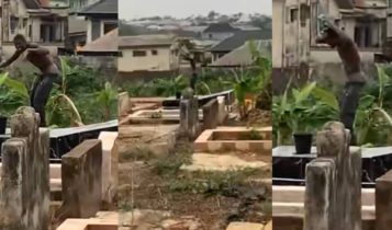 Man bathes publicly in mortuary while standing on top of a grave